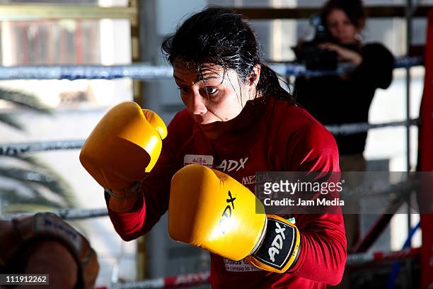 Mexican boxer Jackie Nava in action during a training session at Pancho Rosales Gym on April 08, 2011 in Mexico City, Mexico.