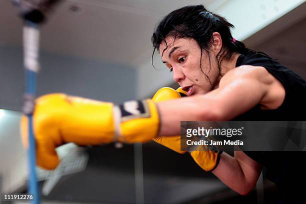 Mexican boxer Jackie Nava in action during a training session at Pancho Rosales Gym on April 08, 2011 in Mexico City, Mexico.