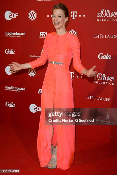 Heike Makatsch poses infront of the winners board during the 'Lola - German Film Award 2011' at Friedrichstadtpalast on April 8, 2011 in Berlin,...