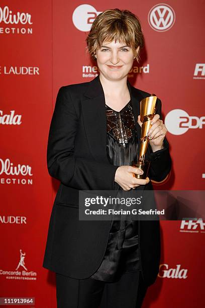 Mathilde Bonnefoy poses with her award during the 'Lola - German Film Award 2011' at Friedrichstadtpalast on April 8, 2011 in Berlin, Germany.