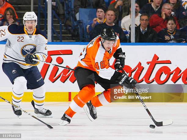 Danny Brier of the Philadelphia Flyers skates away from Brad Boyes of the Buffalo Sabres at HSBC Arena on March 8, 2011 in Buffalo, New York.
