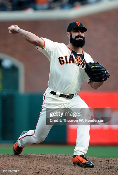 Brian Wilson of the San Francisco Giants pitches against the St. Louis Cardinals in the 9th inning during a MLB baseball game at AT&T Park April 8,...