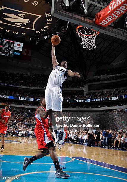 Rodrigue Beaubois of the Dallas Mavericks dunks against the Los Angeles Clippers during a game on April 8, 2011 at the American Airlines Center in...