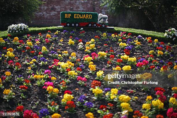 Floral tribute in the shape of a truck sits outside Carlisle Cathedral during the funeral of trucking entrepreneur Edward Stobart on April 9, 2011 in...