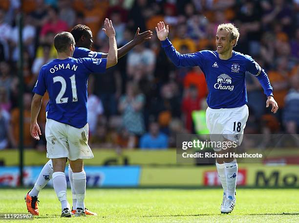 Phil Neville of Everton celebrates scoring the second goal during the Barclays Premier League match between Wolverhampton Wanderers and Everton at...