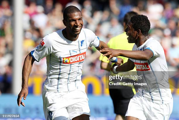 Ryan Babel of Hoffenheim celebrates with David Alaba of Hoffenheim after scoring his team's secong goal during the Bundesliga match between SC...