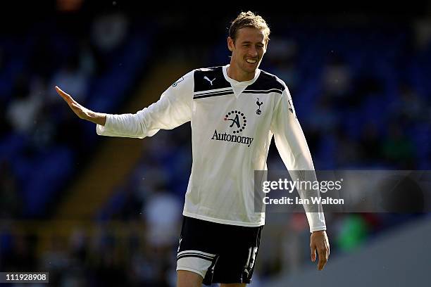 Peter Crouch of Spurs gestures during the Barclays Premier League match between Tottenham Hotspur and Stoke City at White Hart Lane on April 9, 2011...