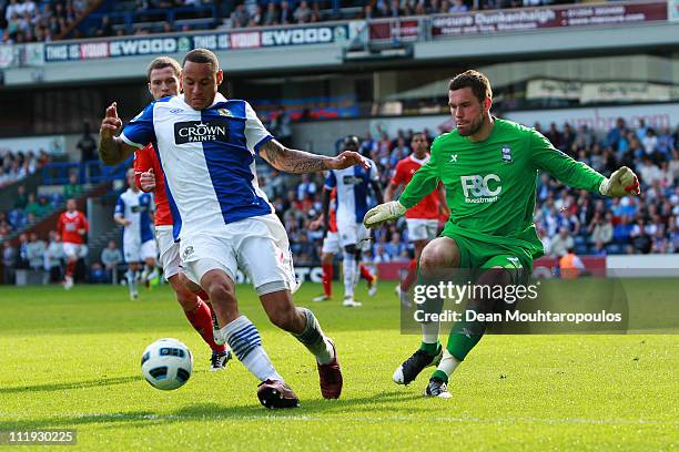 Jermaine Jones of Blackburn battles with Ben Foster of Birmingham City during the Barclays Premier League match between Blackburn Rovers and...