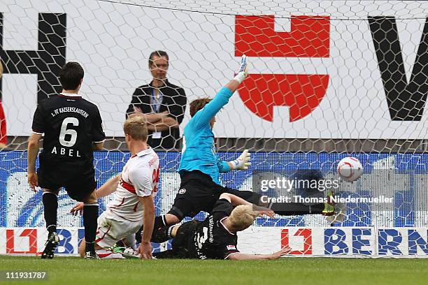 Pavel Pogrebyak of Stuttgart scores during the Bundesliga match between VfB Stuttgart and 1. FC Kaiserslautern at the Mercedes-Benz Arena on April 9,...