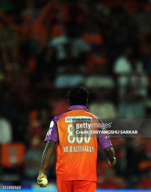 PACKAGEKochi Tuskers Kerala bowler Muttiah Muralitharan wears a shirt number 800 as he holds the record of maximum Test wickets during the IPL...