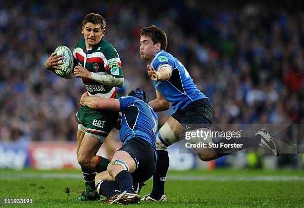 Tigers player Toby Flood is tackled by Leinster player Sean O' Brien during the Heineken Cup Quarter Final match between Leinster and Leicester...