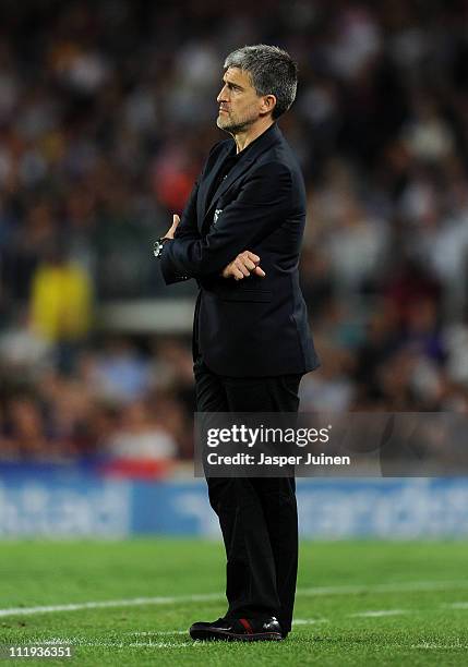 Head coach Roberto Olabe of Almeria follows the game during the la Liga match between FC Barcelona and UD Almeria at the Camp Nou stadium on April 9,...