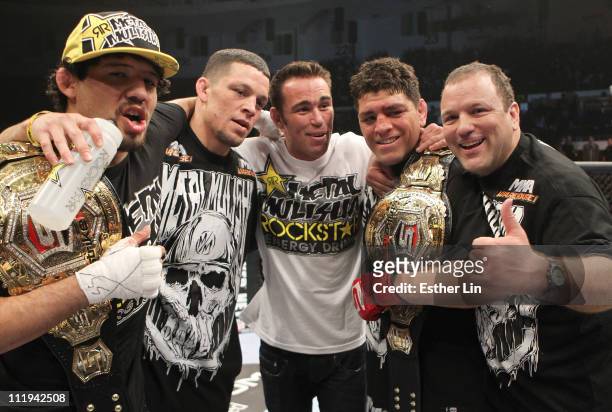 Gilbert Melendez, Nate Diaz, Jake Shields, Nick Diaz and Cesar Gracie pose for a team photo after Nick Diaz's TKO victory over Paul Daley at the...