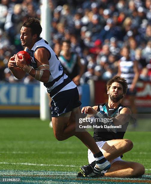 Jimmy Bartel of the Cats marks during the round three AFL match between the Geelong Cats and the Port Adelaide Power at Skilled Stadium on April 10,...