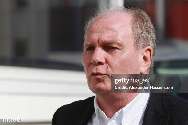 Uli Hoeness, President of Bayern Muenchen arrives at Bayern's training ground 'Saebener Strasse' on April 10, 2011 in Munich, Germany.