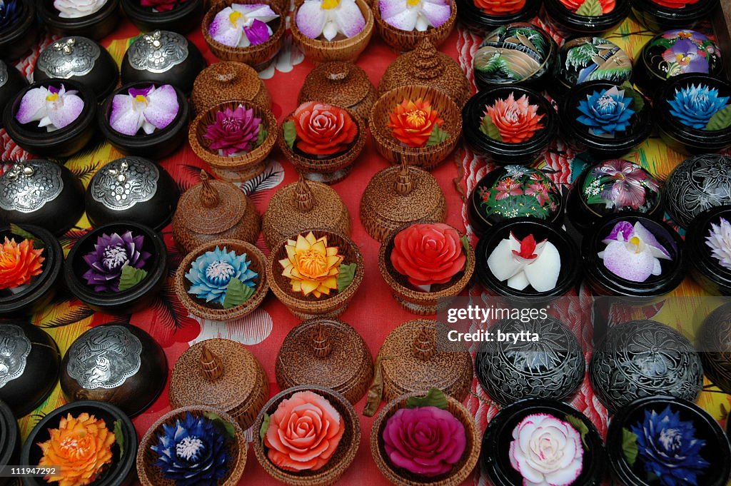 Background with multicolored carved soaps, koh Samui,Thailand