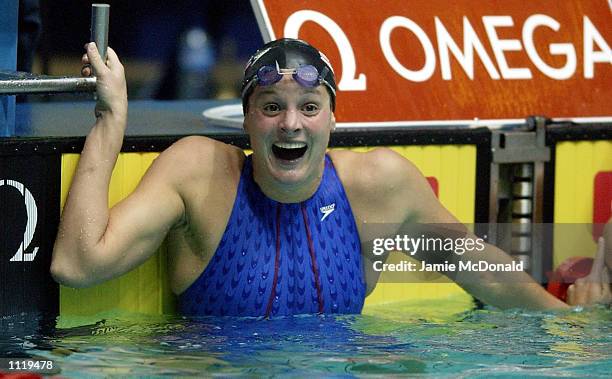 Lindsay Benko of the USA celebrates Gold in the 200m freestyle during the FINA World Swimming Championships at the Olympiisky Swimming Pool, Moscow,...