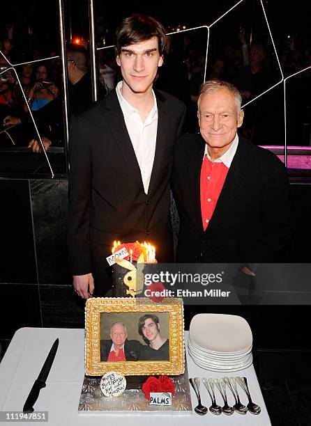 Marston Hefner and his father, Playboy founder Hugh Hefner, celebrate their birthdays with a cake at the Moon nightclub at the Palms Casino Resort...