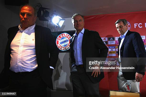 Uli Hoeness , President of Bayern Muenchen, Karl-Heinz Rummenigge , CEO of Bayern Muenchen and Karl Hopfner , CFO of Bayern Muenchen, leaves the...