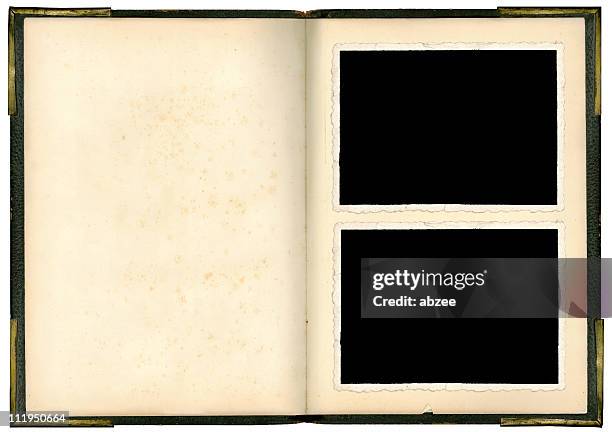 an empty vintage photo album with two free slots in front - photo album stock pictures, royalty-free photos & images