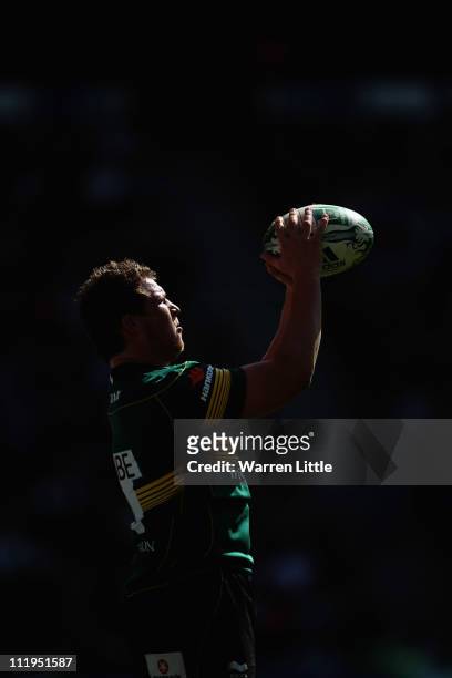 Dylan Hartley Captain of Northampton Saints prepares to throw in during the Heineken Cup Quarter Final match between Northampton Saints and Ulster on...