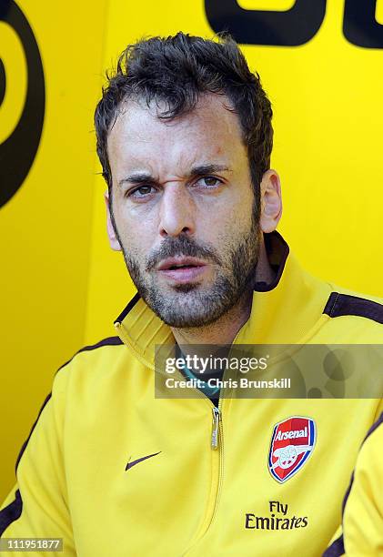 Manuel Almunia of Arsenal looks on from the substitute's bench during the Barclays Premier League match between Blackpool and Arsenal at Bloomfield...