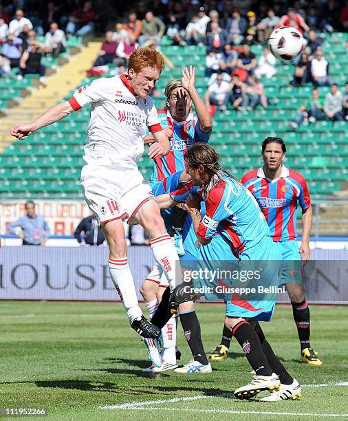 Alessandro Gazzi of Bari scores the opening goal during the Serie A match between AS Bari and Catania Calcio at Stadio San Nicola on April 10, 2011...