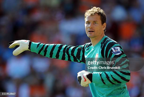 Jens Lehmann of Arsenal in action during the Barclays Premier League match between Blackpool and Arsenal at Bloomfield Road on April 10, 2011 in...