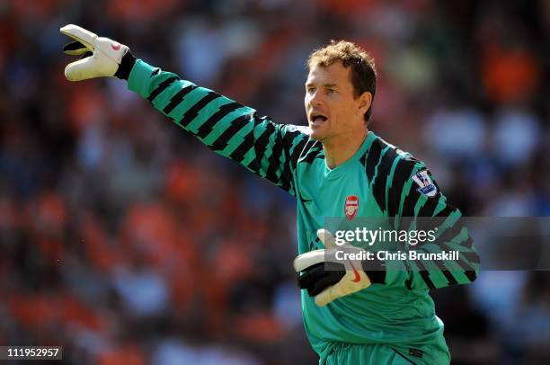 Jens Lehmann of Arsenal in action during the Barclays Premier League match between Blackpool and Arsenal at Bloomfield Road on April 10, 2011 in...