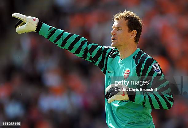 Jens Lehmann of Arsenal in action during the Barclays Premier League match between Blackpool and Arsenal at Bloomfield Road on April 10, 2011 in...