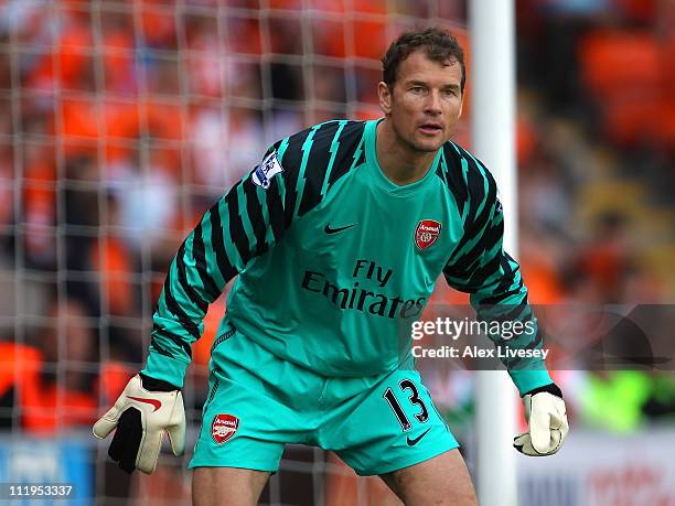 Jens Lehman of Arsenal during the Barclays Premier League match between Blackpool and Arsenal at Bloomfield Road on April 10, 2011 in Blackpool,...