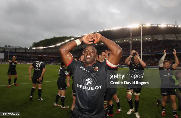 Yannick Nyanga, of Toulouse, who scored a last minute match winnng try in extra time celebrates after the Heineken Cup quarter final match between...