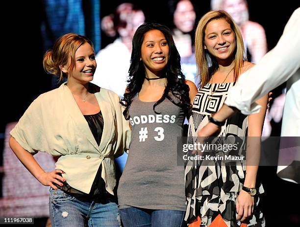 Bree Olson and Natalie Kenly stand on stage during Charlie Sheen's "Violent Torpedo of Truth/Defeat Is Not An Option" tour at Radio City Music Hall...