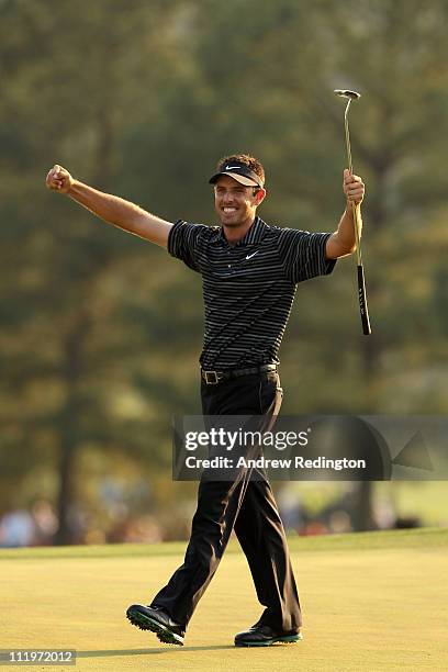 Charl Schwartzel of South Africa celebrates his two-stroke victory at the 2011 Masters Tournament at Augusta National Golf Club on April 10, 2011 in...