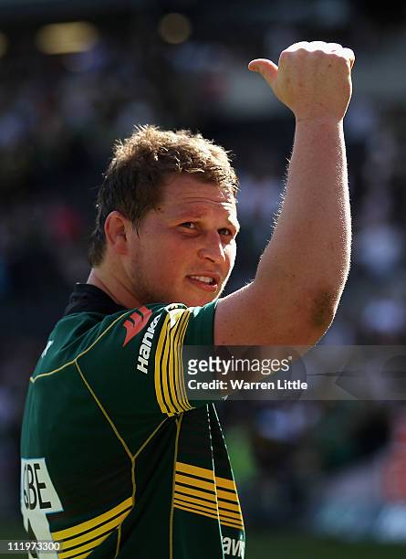 Dylan Hartley of Northampton acknowledges the crowd after the Heineken Cup Quarter Final match between Northampton Saints and Ulster on April 10,...