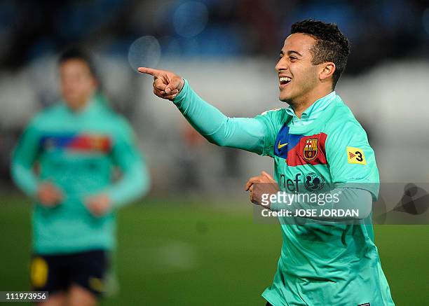 Barcelona's forward Thiago celebrates his goal during the Spanish King's Cup semifinal second-leg football match UD Almeria vs FC Barcelona on...