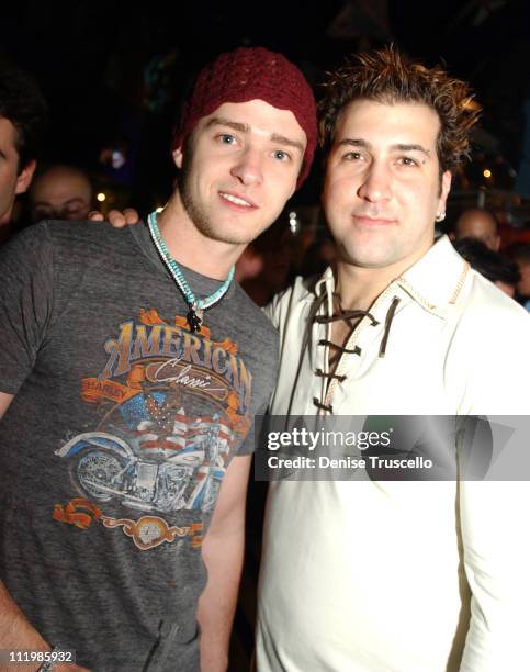 Justin Timberlake, Joey Fatone during "Rent" After-Party at Planet Hollywood at Planet Hollywood in New York City, New York.