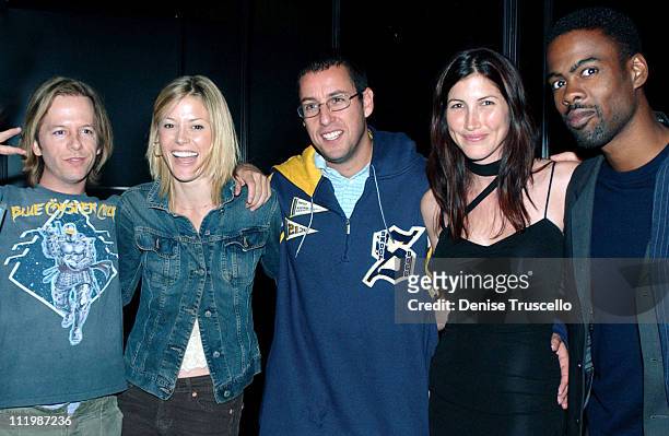 David Spade with girlfriend Julie Bowen, Adam Sandler with fiancee Jackie Titone, and Chris Rock backstage after Spade's performance at Caesars Palace