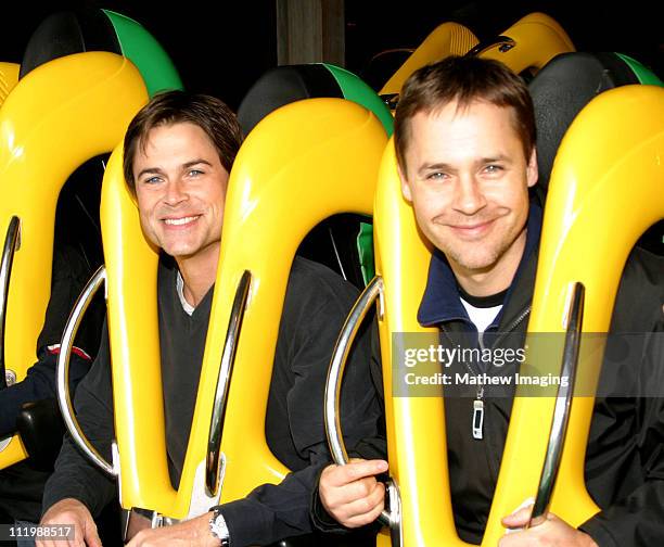 Rob Lowe and Chad Lowe during Rob and Chad Lowe ride "Riddler," at Six Flags Magic Mountain at Six Flags Magic Mountain in Valencia, CA, United...