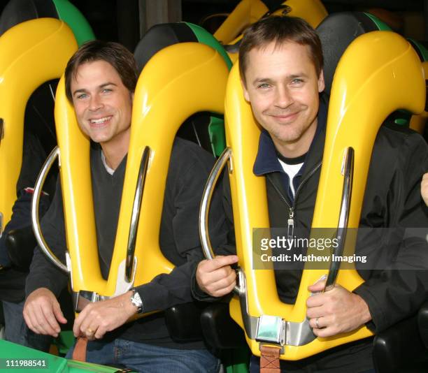 Rob Lowe and Chad Lowe during Rob and Chad Lowe ride "Riddler," at Six Flags Magic Mountain at Six Flags Magic Mountain in Valencia, CA, United...