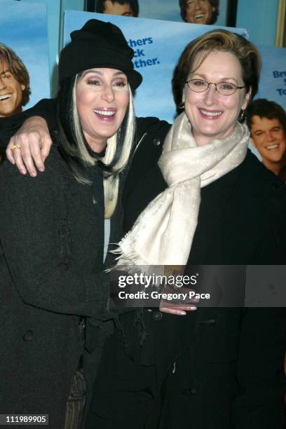 Cher and Meryl Streep during "Stuck on You" New York Premiere at The Clearview Chelsea West Theater in New York City, New York, United States.