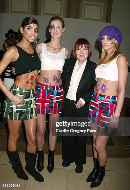 Mary Quant with models wearing her designs and cosmetics from her new line