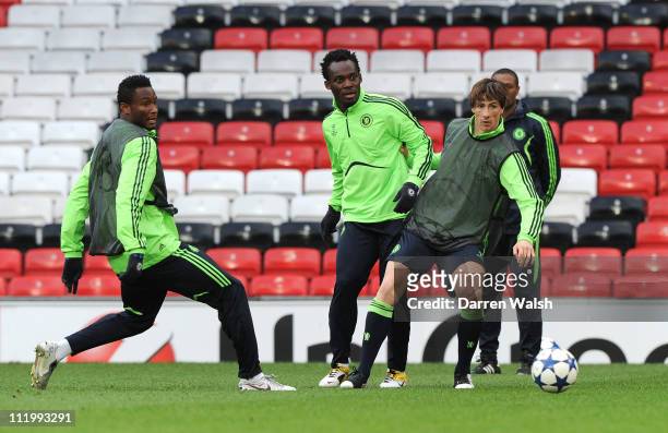 John Mikel Obi, Michael Essien, Fernando Torres of Chelsea during a training session ahead of their UEFA Champions League Quarter-final second leg...