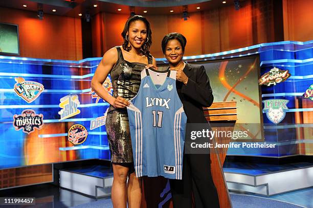 Chief of Operations and Player Relations Renee Brown poses with Maya Moore after being drafted number one overall by the Minnesota Lynx during the...