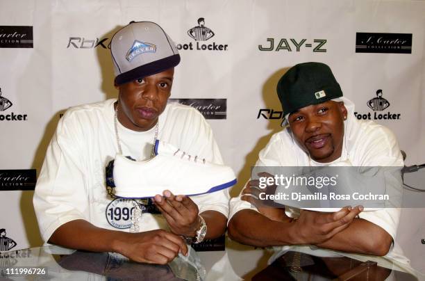 Jay-Z and Memphis Bleek during Jay Z Brings S. Carter Shoe Collection Home to New York City at Foot Locker in New York City, New York, United States.