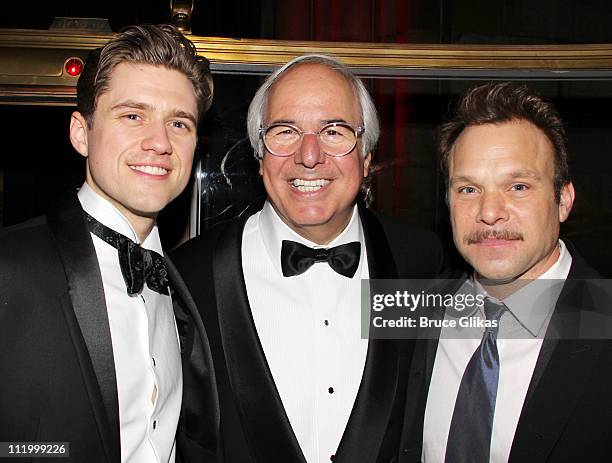Aaron Tveit , Frank Abagnale Jr. And Norbert Leo Butz pose at the after party for the Broadway opening night of "Catch Me If You Can" at Cipriani...