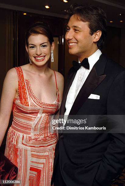 Anne Hathaway and guest during Entertainment Industry Foundation's Colon Cancer Benefit on the QM2 - Red Carpet at Queen Mary 2 in New York City, New...