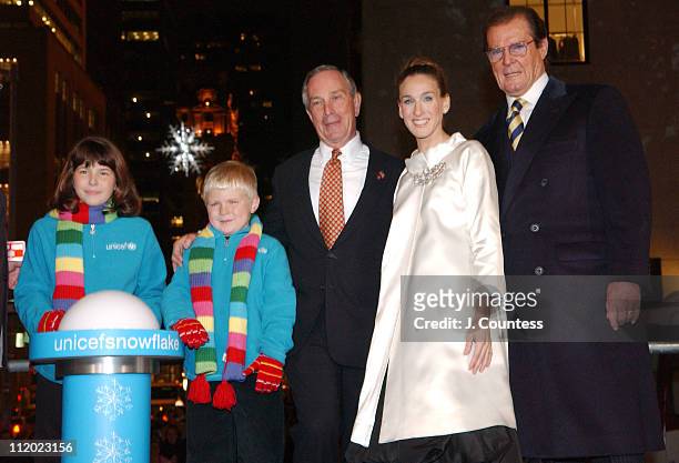 Unicef Ambassador Sarah Jessica Parker is joined by Rebecca Monday, Zane Boswell, Mayor Michael R. Bloomberg and Sir Roger Moore for the lighting of...