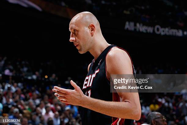 Zydrunas Ilgauskas of the Miami Heat walks off the court after being ejected for a technical foul against the Atlanta Hawks at Philips Arena on April...