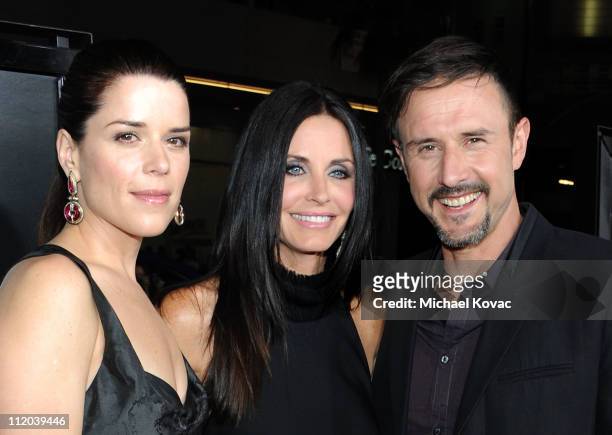 Actors Neve Campbell, Courteney Cox and David Arquette attend the World Premiere of The Weinstein Company's "Scream 4" presented by AXE Shower held...